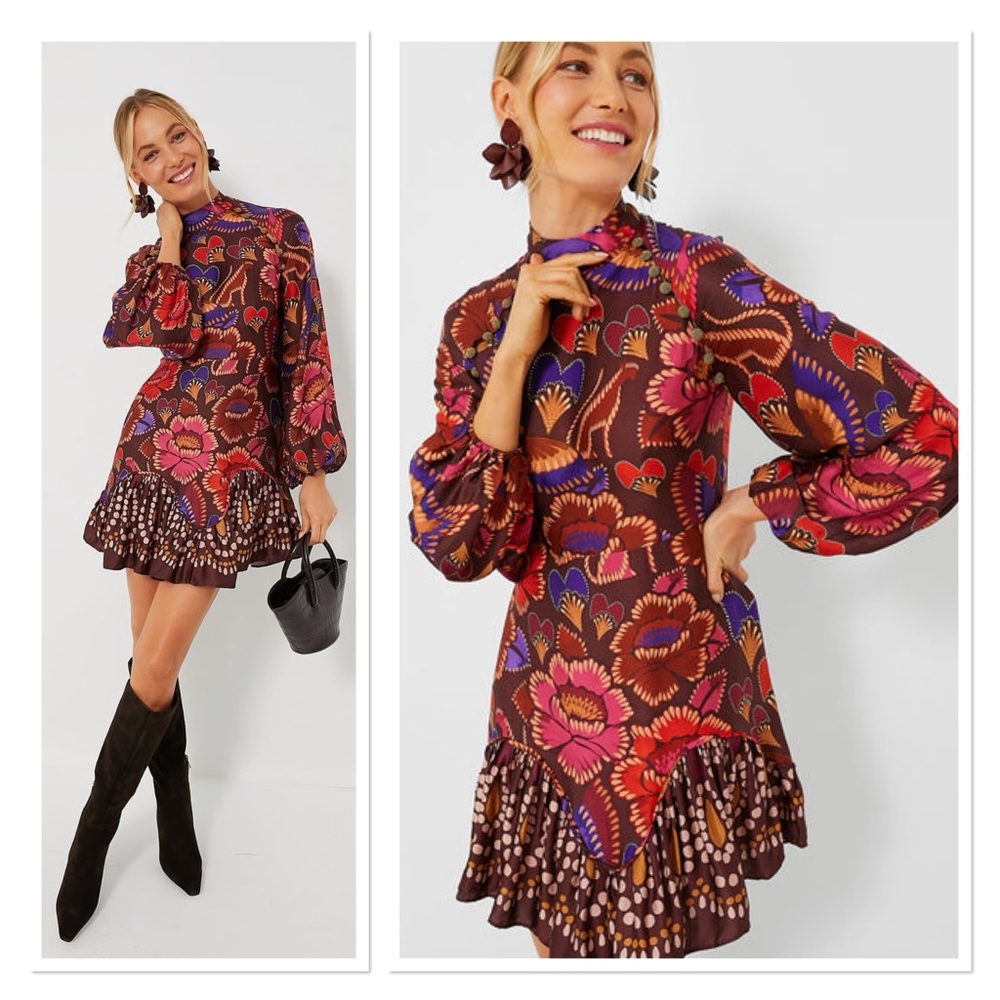 Farm Rio Bright Flora Satin Long Sleeve Pleat Dress